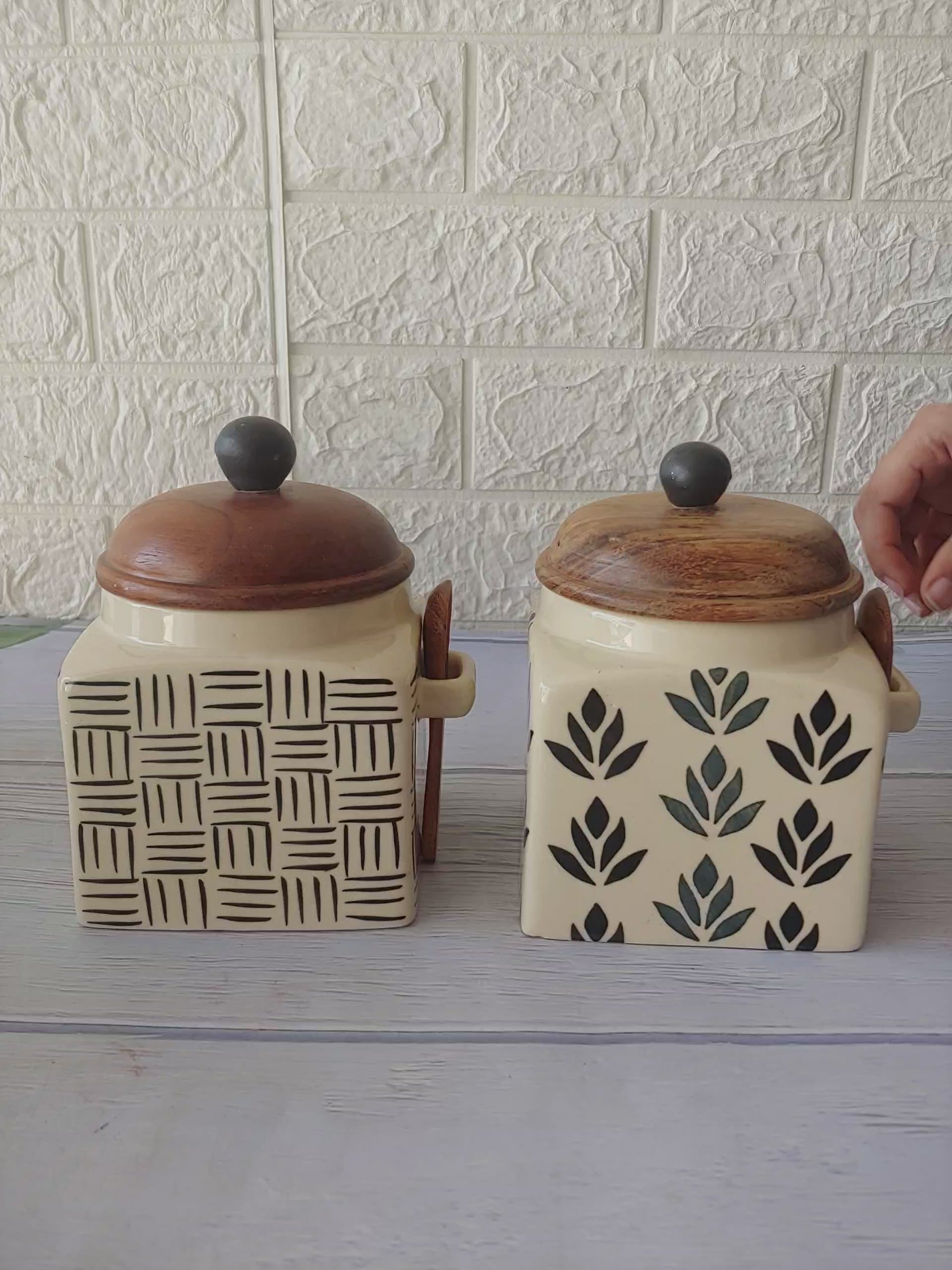 Lotus Handpainted  Ceramic Airtight Container 4"  set of 2