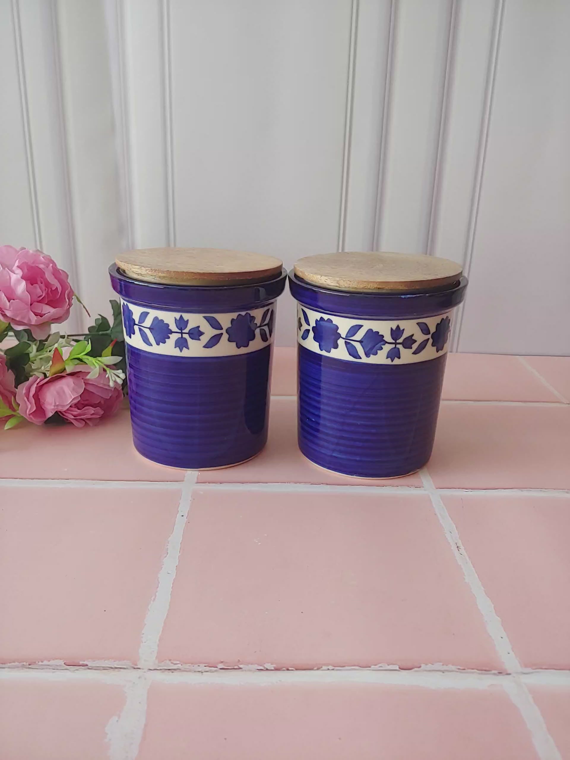 Blue Handpainted  Ceramic Airtight Container 4" Half kg