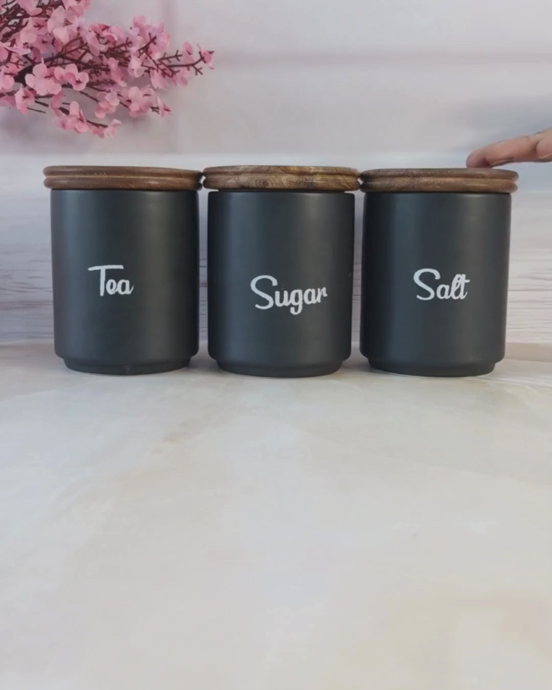 Dreamy Morning ceramic Black airtight Tea, sugar, and salt, jars wooden lid