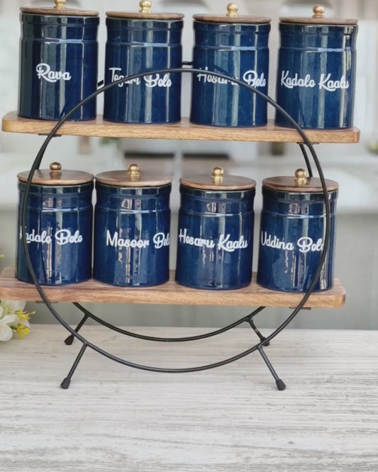 Royal Artisanal Blue Airtight Ceramic Kitchen Organizer Ring Pipe (1kg) Jar - Kannada
