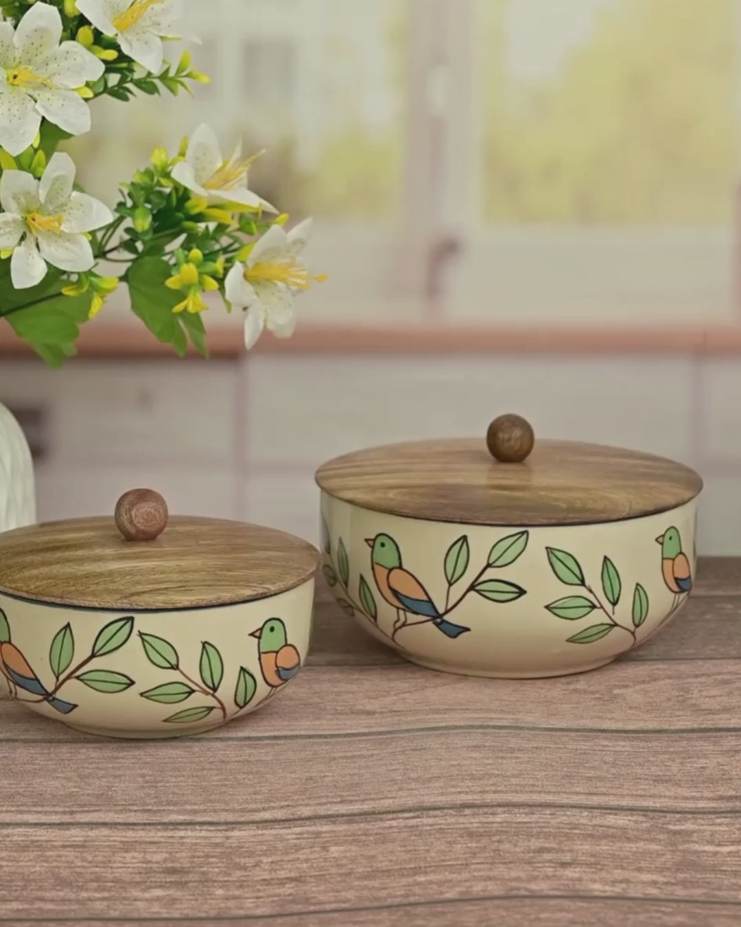 Nature's Nesting Delight Kitchen Bowl Set with Wooden Lids
