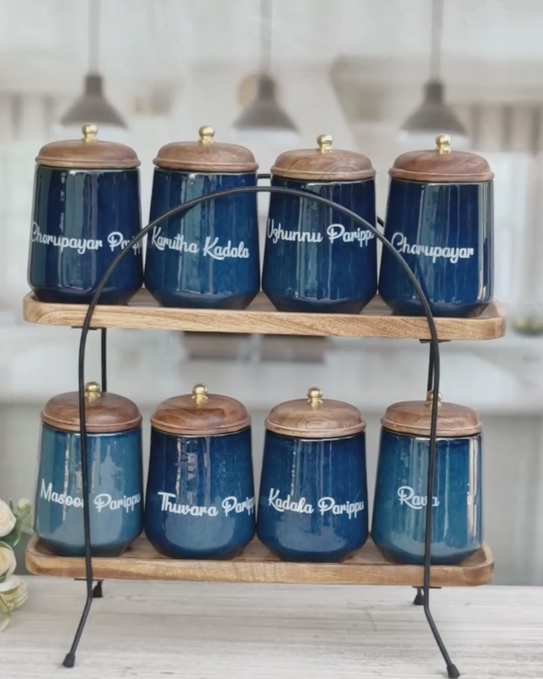 Royal Artisanal Blue Ceramic Kitchen Organizer Jars - Malayalam