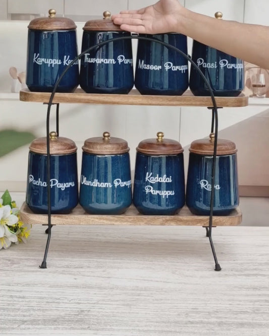 Royal Artisanal Blue Airtight Ceramic Kitchen Organizer Ceramic (1kg) Jars - Tamil