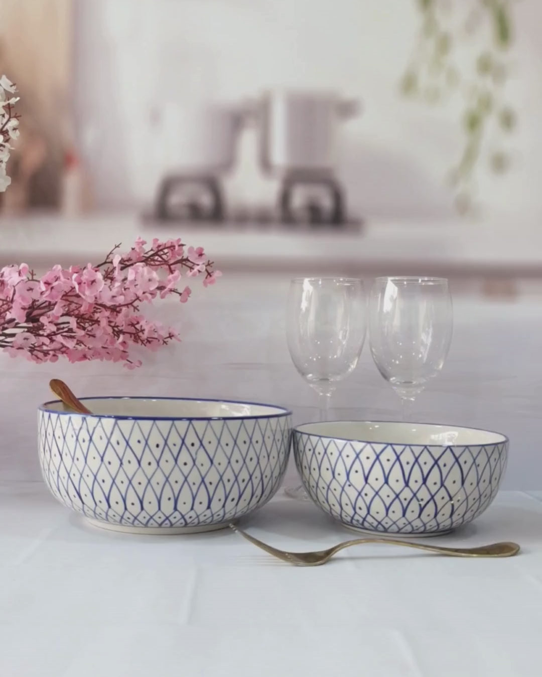 Blue Geometric Beauty Handpainted Ceramic Round Dining Bowls