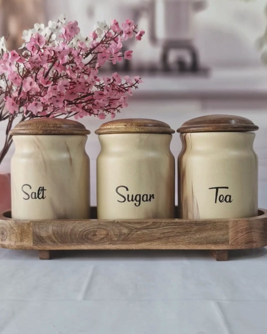 Chocolaty Rustic Morning ceramic airtight Tea, sugar, and salt, jars wooden lid