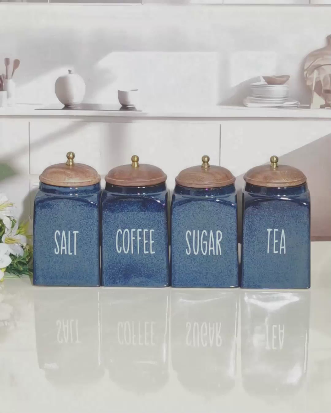 Hearth Blue Artisan Kitchen Ceramic Canister (Tea, Coffee, Sugar, Salt) 1kg Set with Wooden Lids