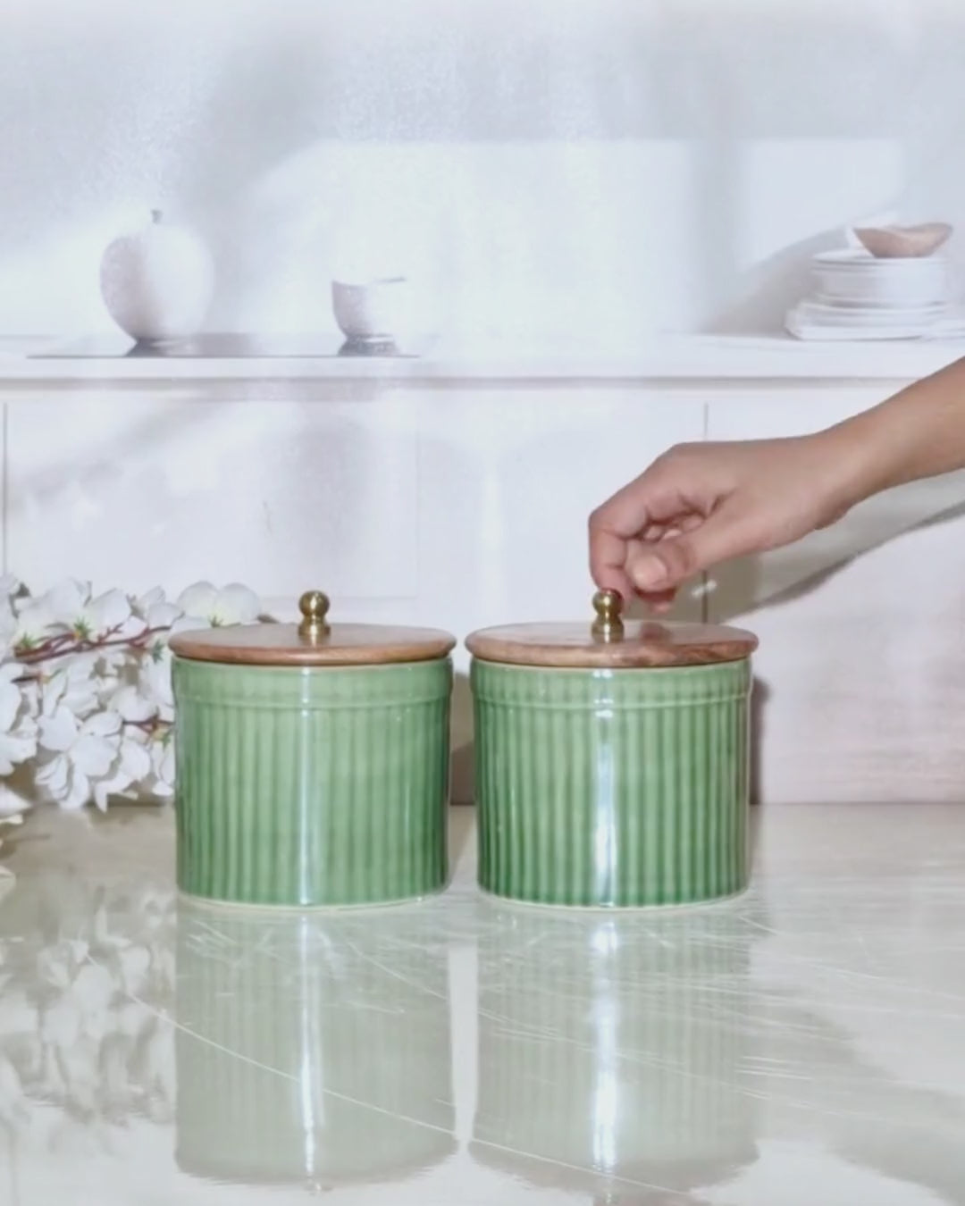 Olive Green Fluted Ceramic Pillar Ring Pipe Ceramic Storage Airtight Collection (500ml) Set of 2