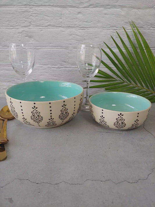 Paisley Damask Green Hand Painted Designer Ceramic Serving Bowl