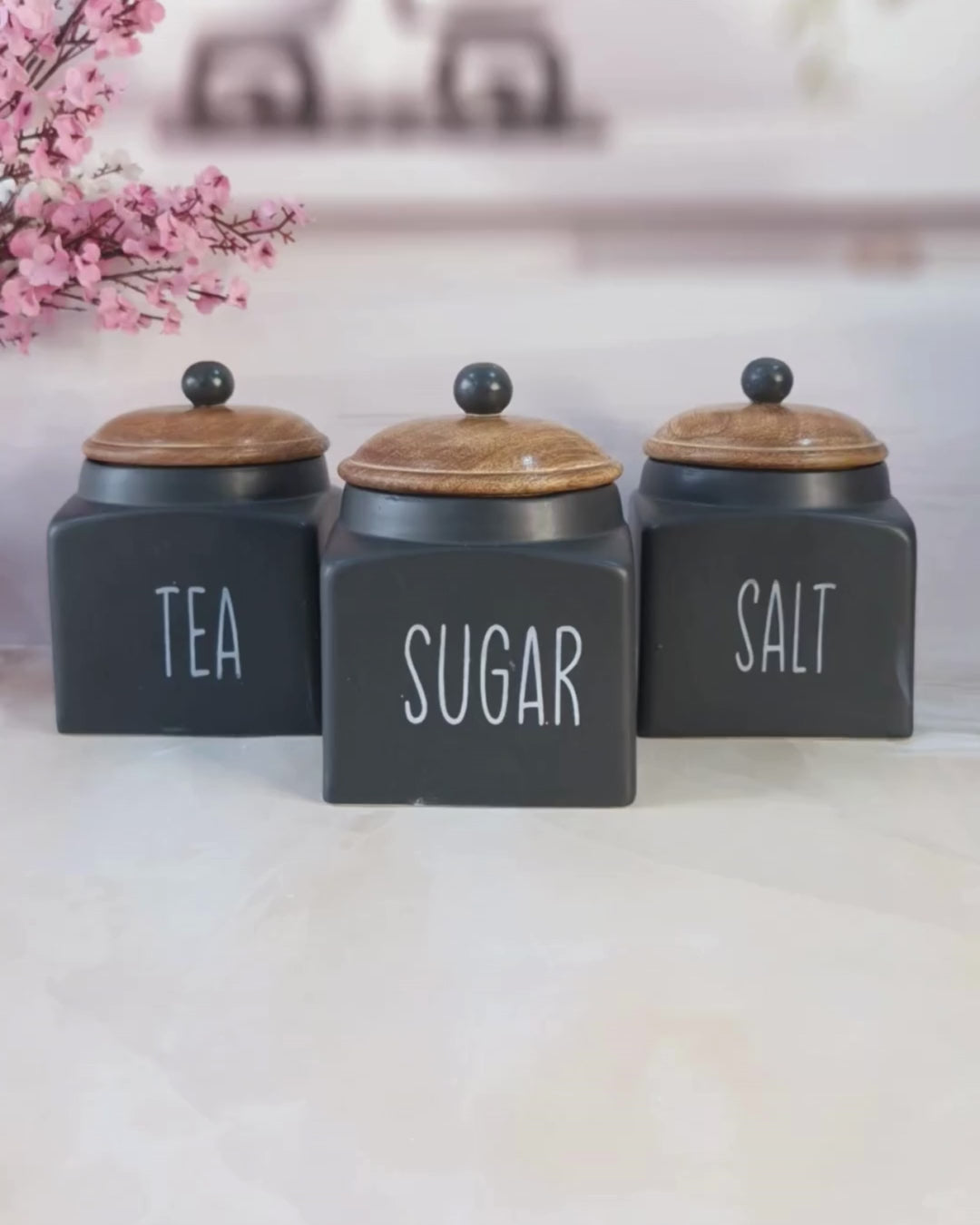 Sweetheart Home Black Tea ,Sugar, Salt,  Solid Ceramic Square Airtight Canisters 500ml