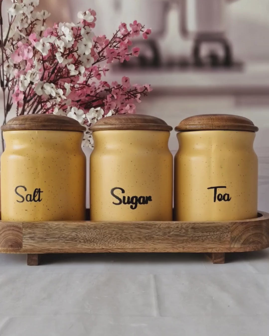 Everyday Morning Rustic ceramic airtight Tea, sugar, and salt, jars with wooden lid