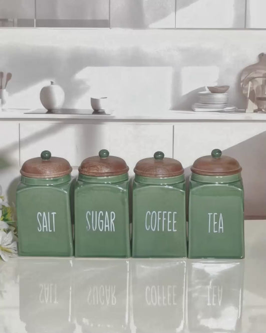 The Green Glazed Kitchen Ceramic Canister  (Tea, Coffee, Sugar, Salt) 1kg Set with Wooden Lids
