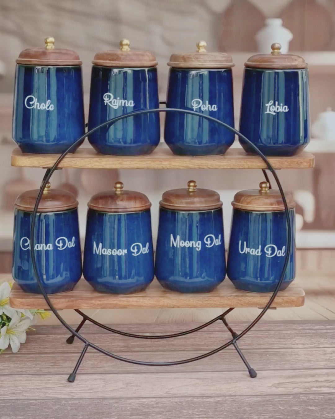 Royal Artisanal Blue Airtight Ceramic Kitchen Organizer Ceramic (1kg) Jars - Hindi