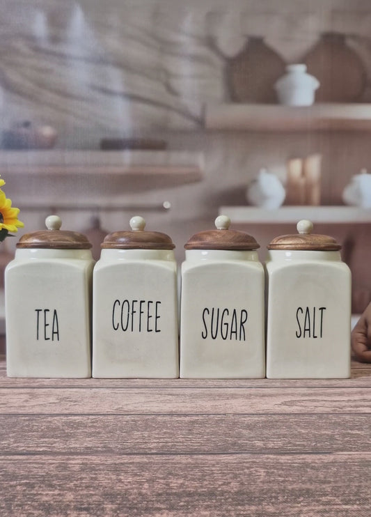 Classic Kitchen Ceramic Canister  (Tea, Coffee, Sugar, Salt) 1kg Set with Wooden Lids