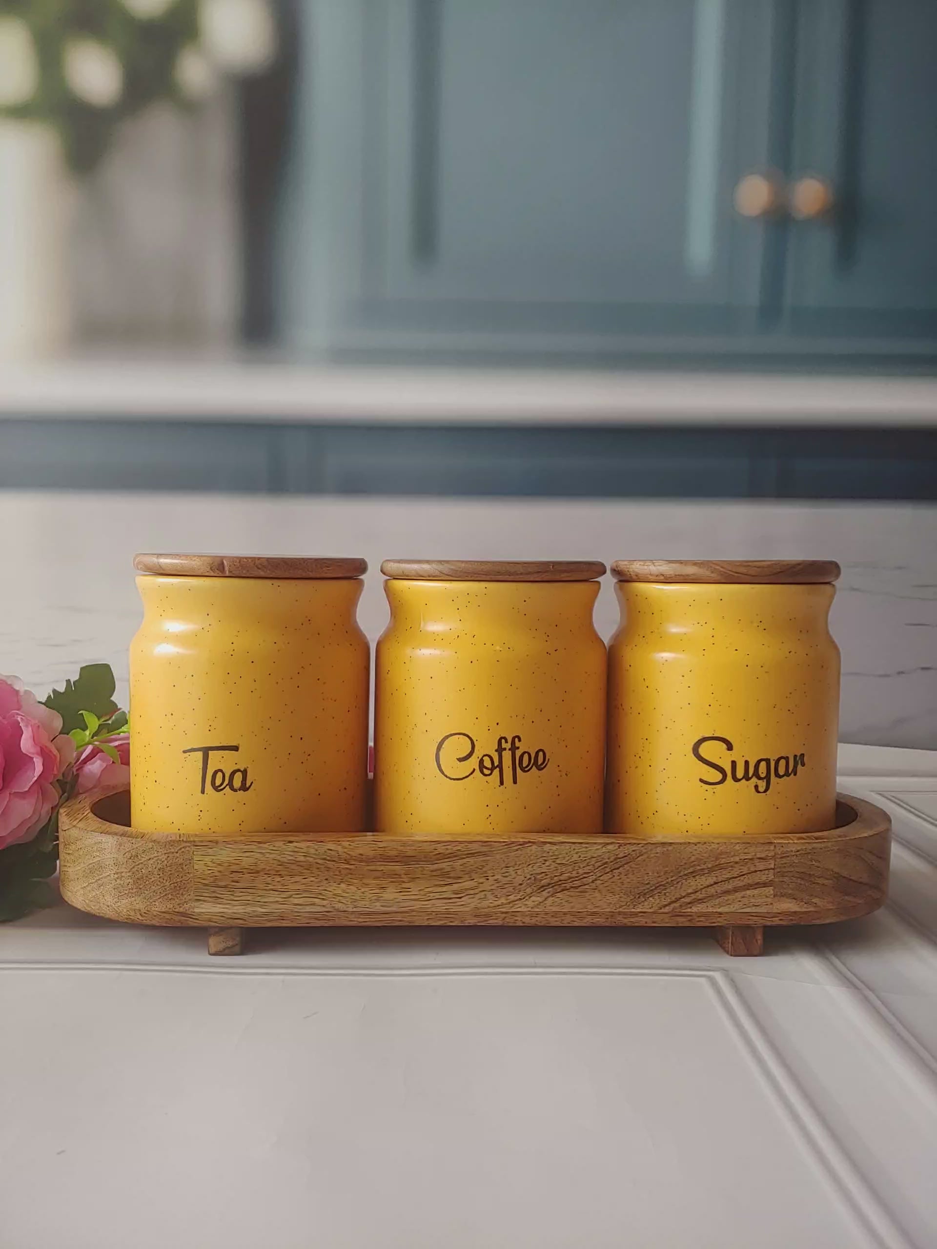 The Tea Time  Sunrise Morning ceramic airtight Tea, coffee ,sugar, jars with wooden lid