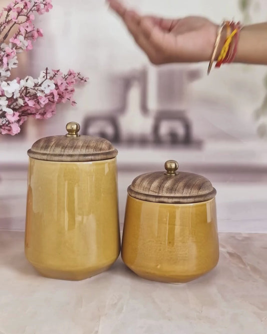 Honey Goldenrod Ceramic Canister Jar with Wooden Lid 1kg and (1/2 kg)  airtight jar Spices & Cookies For Spices & Cookies