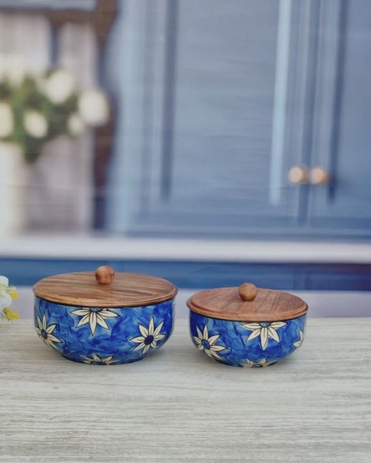 Sunflower Bloom Designer Ceramic Serving Bowls with wooden lid
