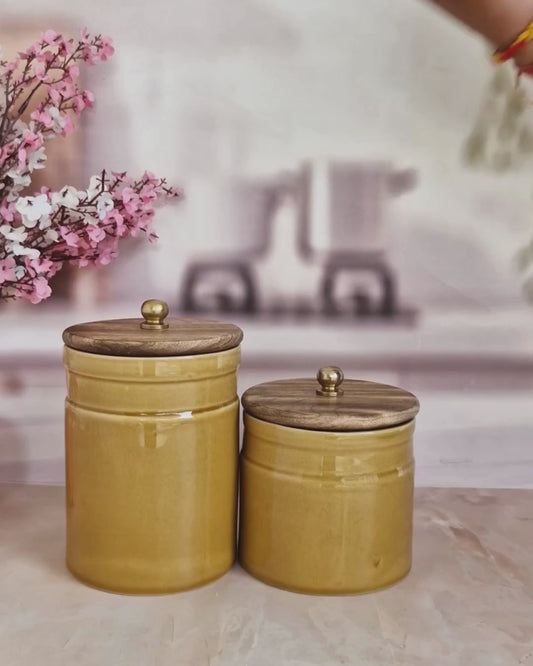 Honey Goldenrod Ceramic Canisters with Wood Lids 1kg and (1/2 kg) Airtight Jar Cookies & Spices
