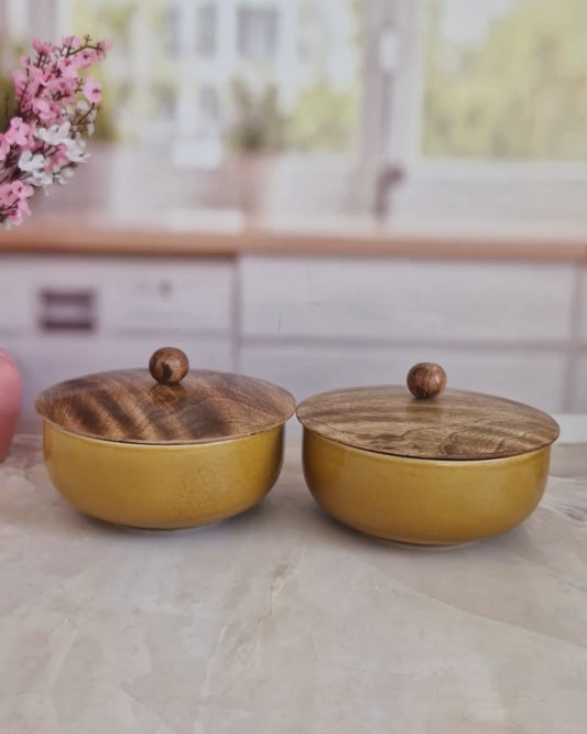 Golden Yellow Serving Bowls with Natural Wooden Lids