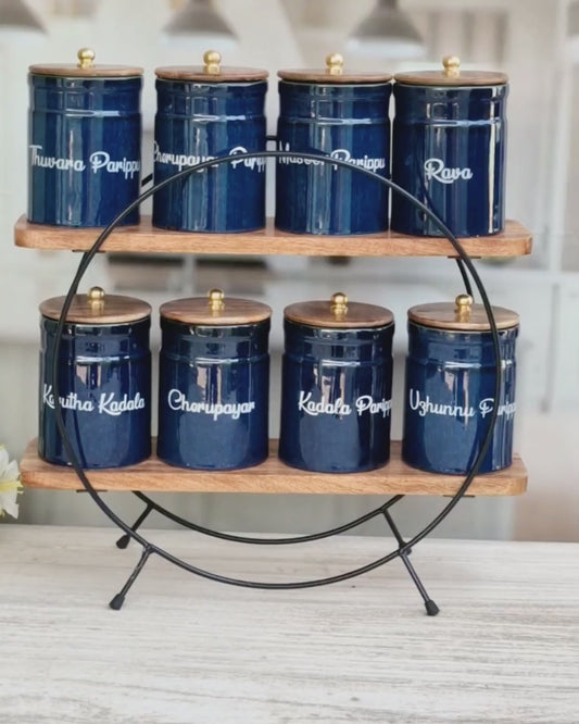 Royal Artisanal Blue Ceramic Kitchen Organizer Ring Pipe Jars - Malayalam