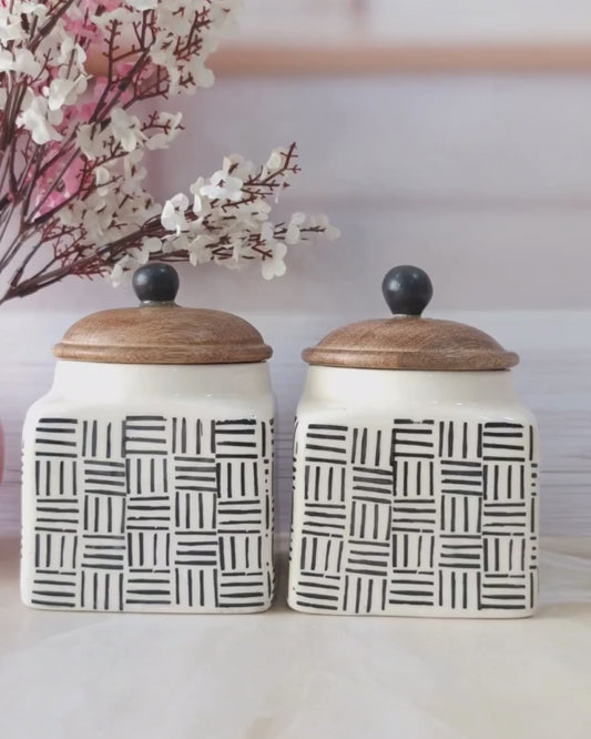 Linework Hand Painted Designs with Love Retreat (1/2 kg)  Set of 2 Airtight  Square Jars for Spices & Cookies