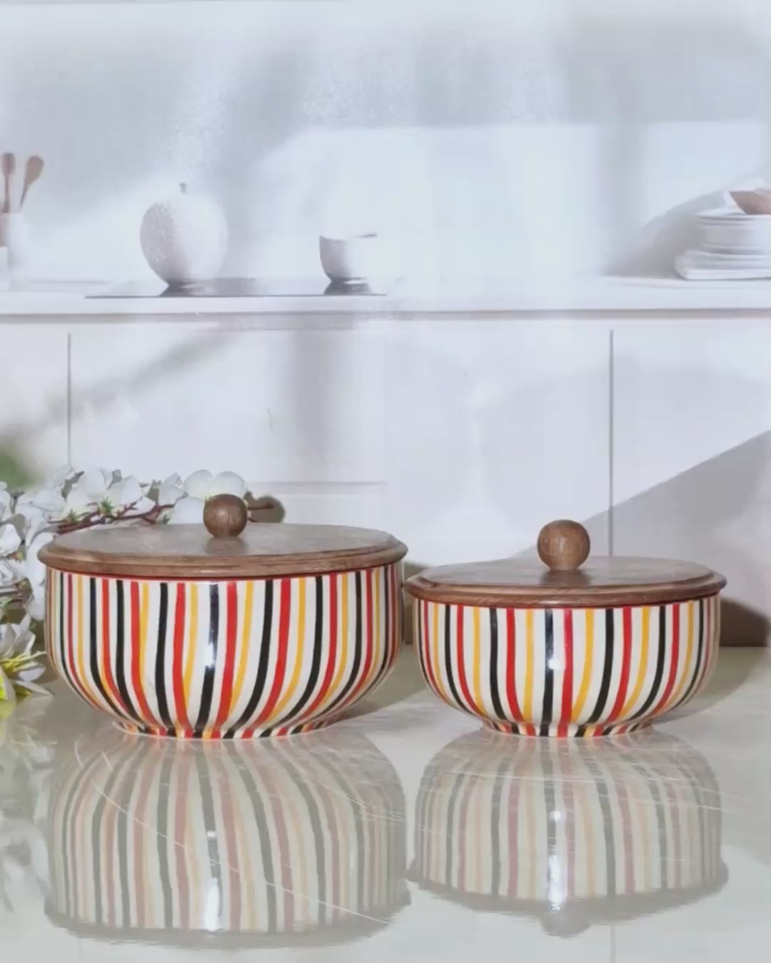 Rainbow Stripe Delight Kitchen Bowl With Wooden Lid (Set of 2)