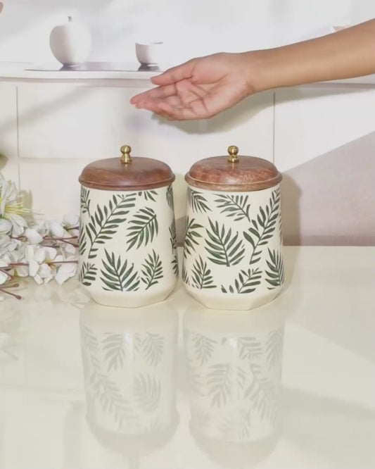 The Evergreen Leaf-Patterned Hand-Painted Ceramic Storage Jars  with Wooden Lids.
