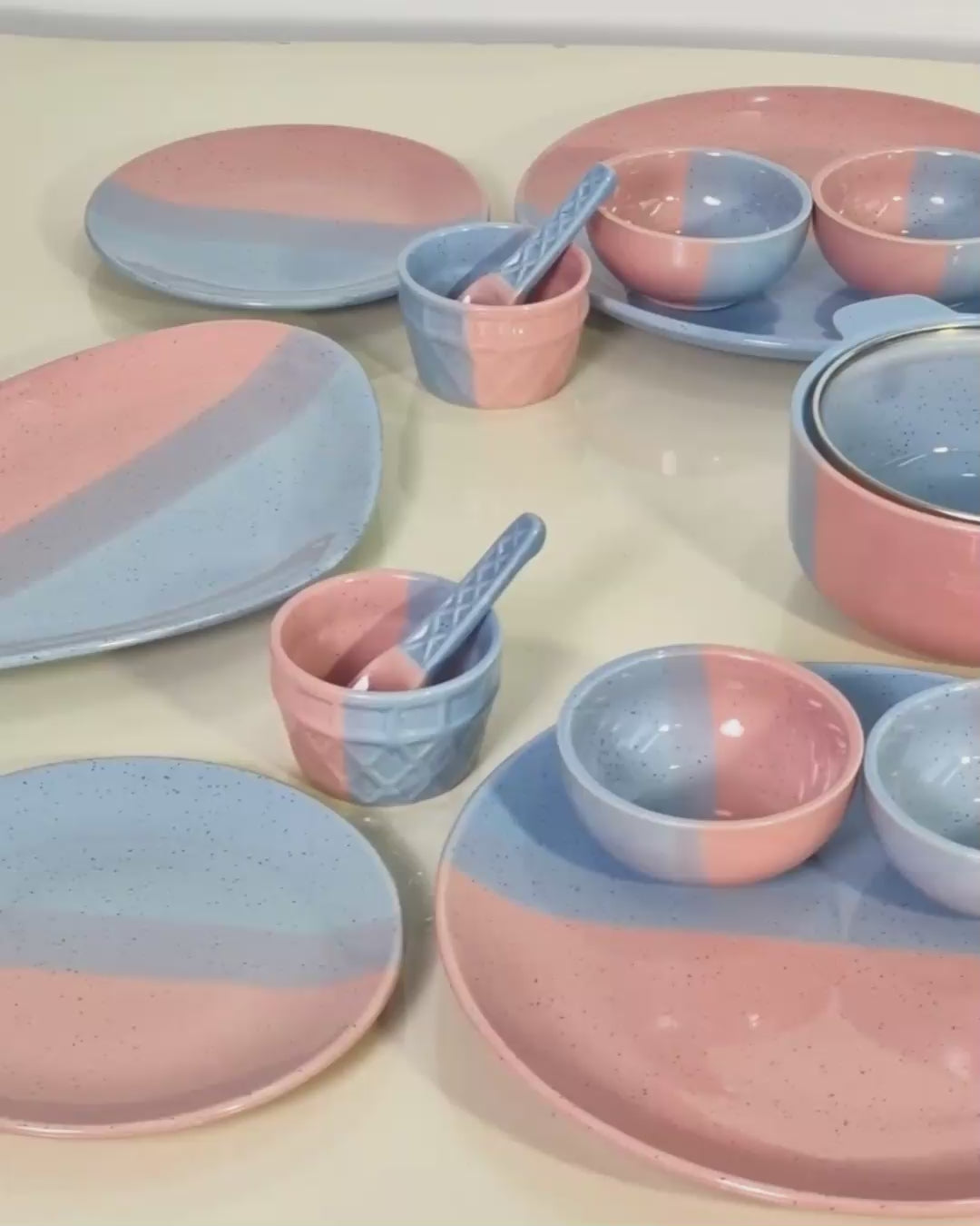 Blush & Blue Ceramic Hosting Dinner Set -Serving Platters, Serving Bowls with Glass Lids & Dessert Bowls for 4 People