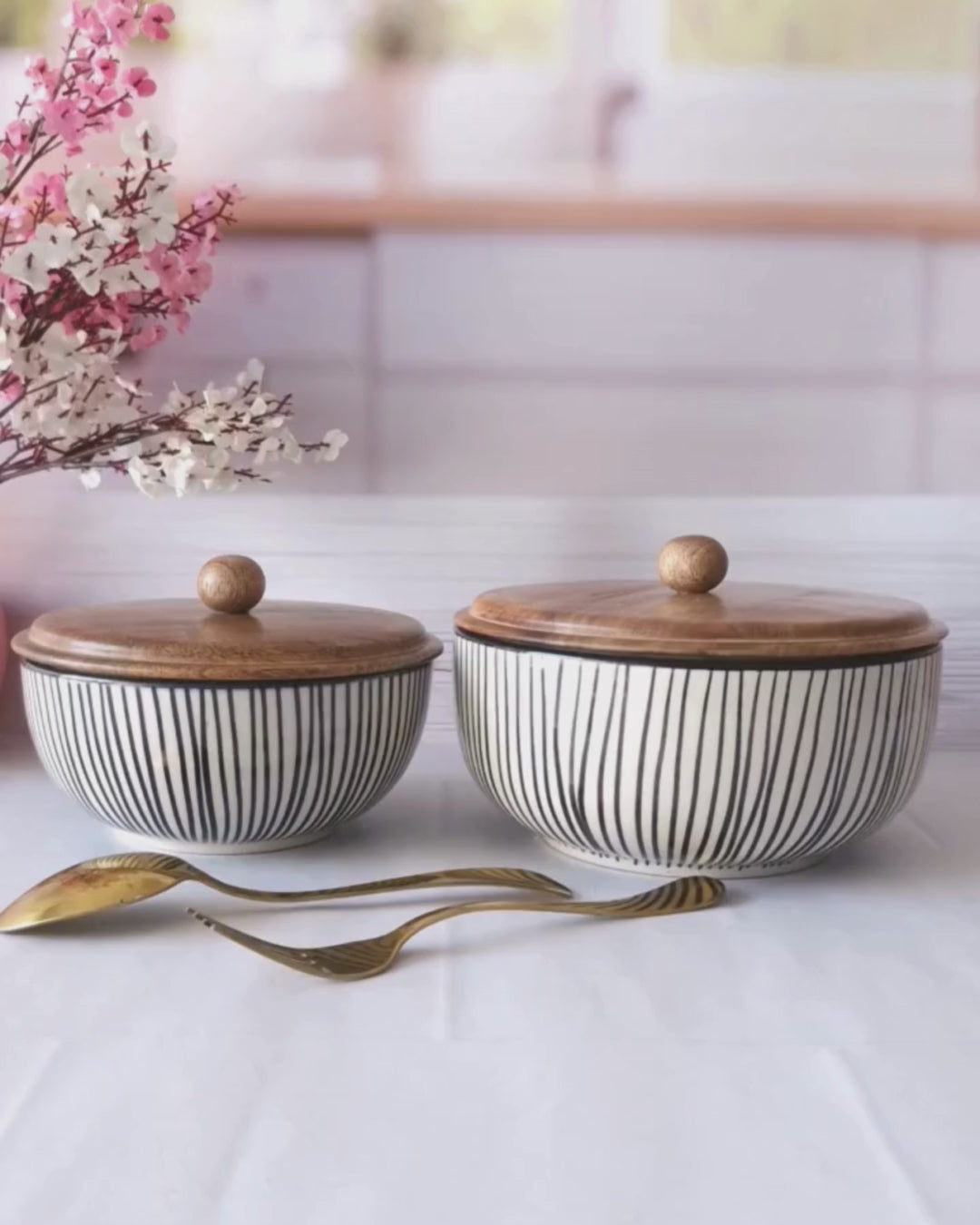 The Dynamic Handpainted Ceramic black  line Round Serving  Dining Bowls with Lid