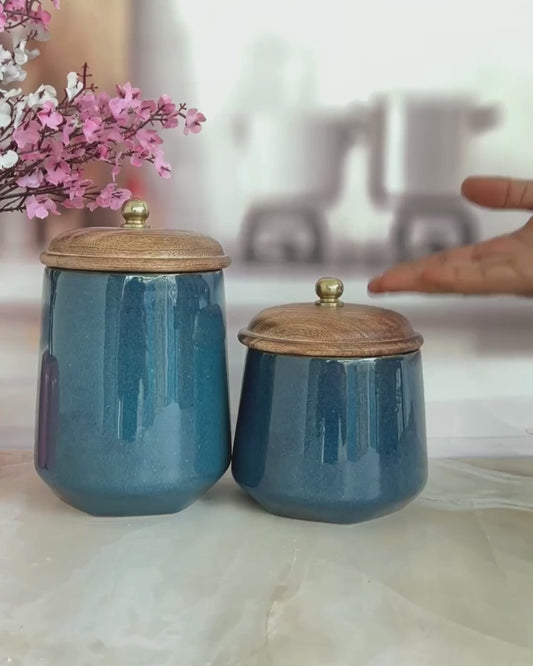 Blue Diamond Artisan Ceramic Canisters with Wood Lids 1kg and (1/2 kg)  airtight jar Spices & Cookies