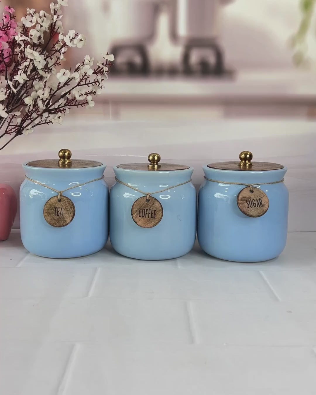 Sky Blue Wonders Sweet Home Airtight Matka  Tea ,Coffee, Sugar, Solid Ceremic  Canisters (500ml)