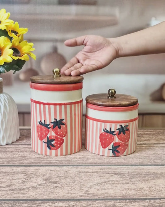 Strawberry Hand-Painted Kitchen Canisters Storage Jars (Set of 2)