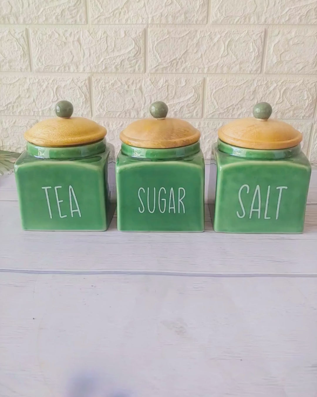 Green Square Solid Ceramic Tea , Sugar, Salt,  Canisters 500ml
