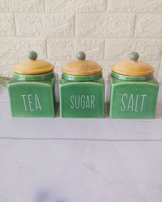 Green Square Solid Ceramic Tea , Sugar, Salt,  Canisters 500ml
