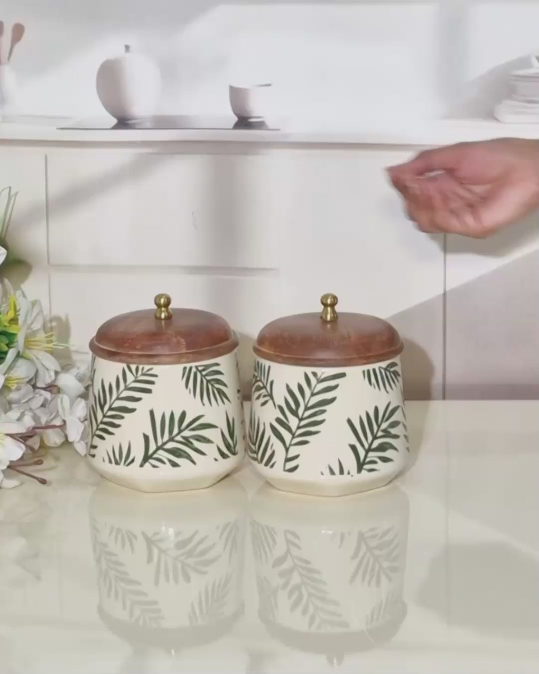 The Willow Leaf-Patterned Hand-Painted Ceramic Storage Jars (Set of 2) with Wooden Lids