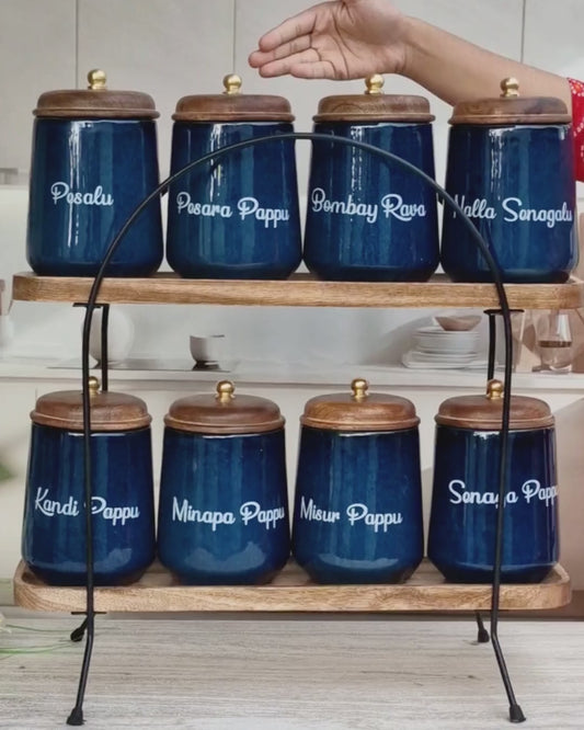 Royal Artisanal Blue Ceramic Kitchen Organizer Jars - TELUGU