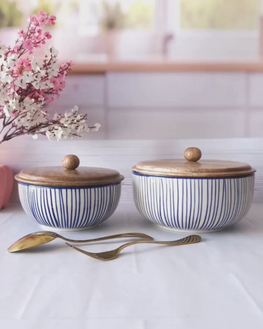 Twirl & Twine Handpainted Ceramic Blue line Round Serving  Dining Bowls with Lid