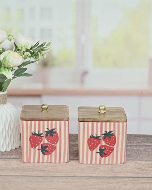 Strawberry Stripe Ceramic Canister Set with Wooden Lid