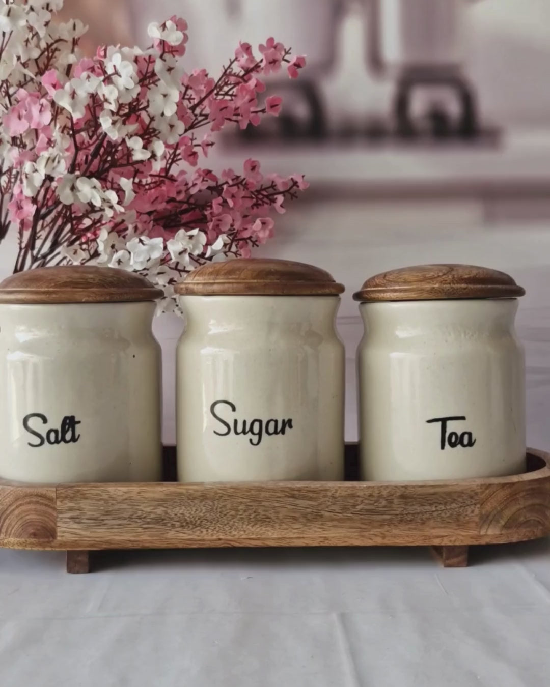 Sugar Rush Morning ceramic airtight Tea, sugar, and salt, jars wooden lid