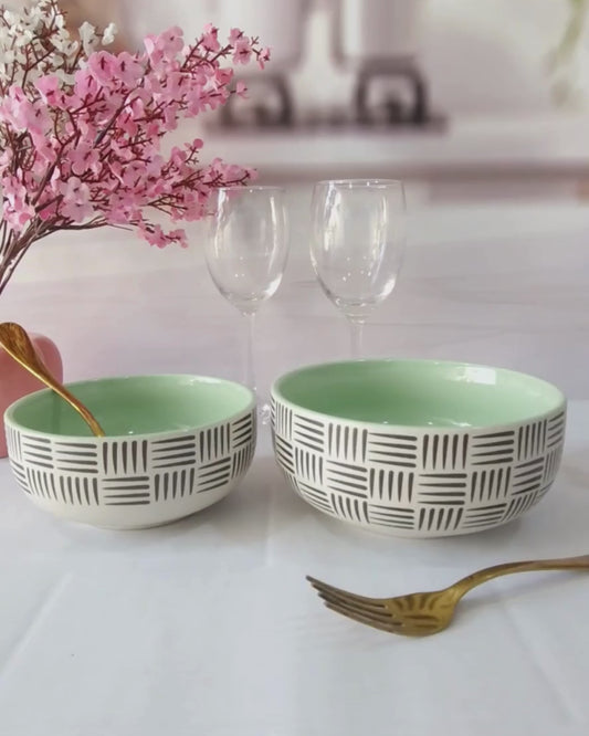 Geometric Pattern Beauty Green Handpainted Ceramic Serving Dining Bowls