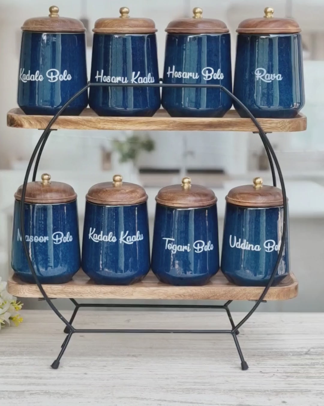 Royal Artisanal Blue Airtight Ceramic Kitchen Organizer (1kg) Jars - Kannada