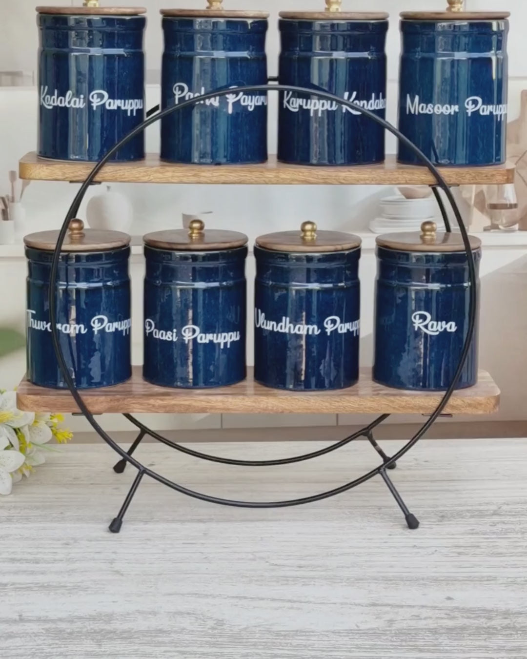 Royal Artisanal Blue Airtight Ceramic Kitchen Organizer Ring Pipe (1kg) Jars - Tamil