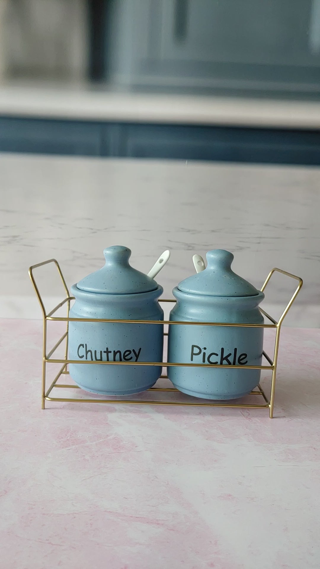 Flavorful Pair Blue Ceramic Kimchi Pickle and Chutney Jar with Metal stand