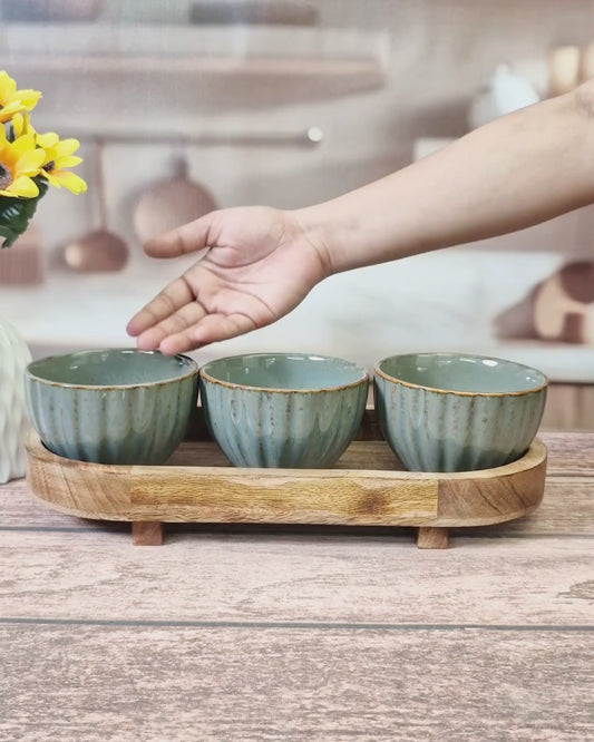 Striped Rustic Ceramic Serving Bowl Set with Tray