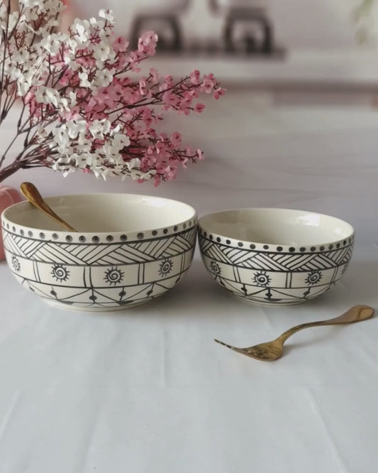 Moonstone Beauty Black  Handpainted Ceramic Round Dining Bowls