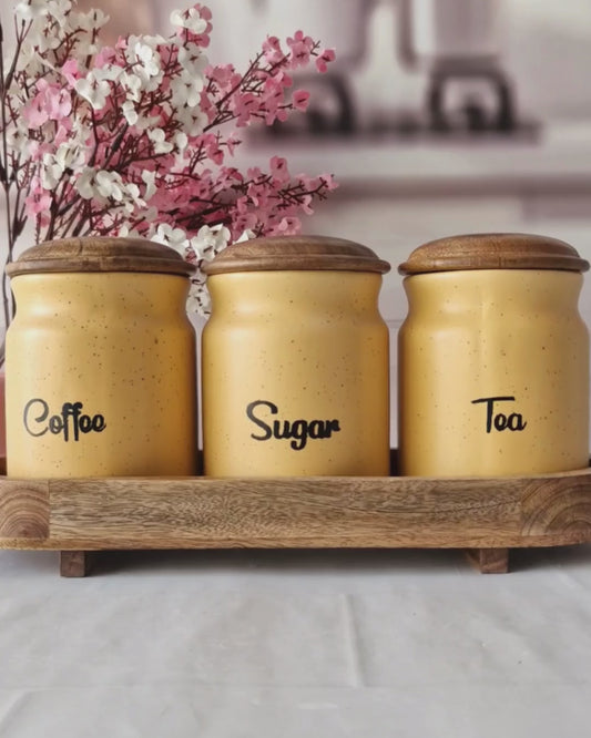 The Tea Time  Sunrise Morning ceramic airtight Tea, coffee ,sugar, jars with wooden lid