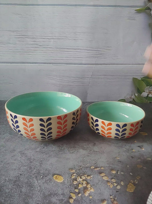 Woodland Leaves Green Hand Painted Designer Ceramic Serving Bowl