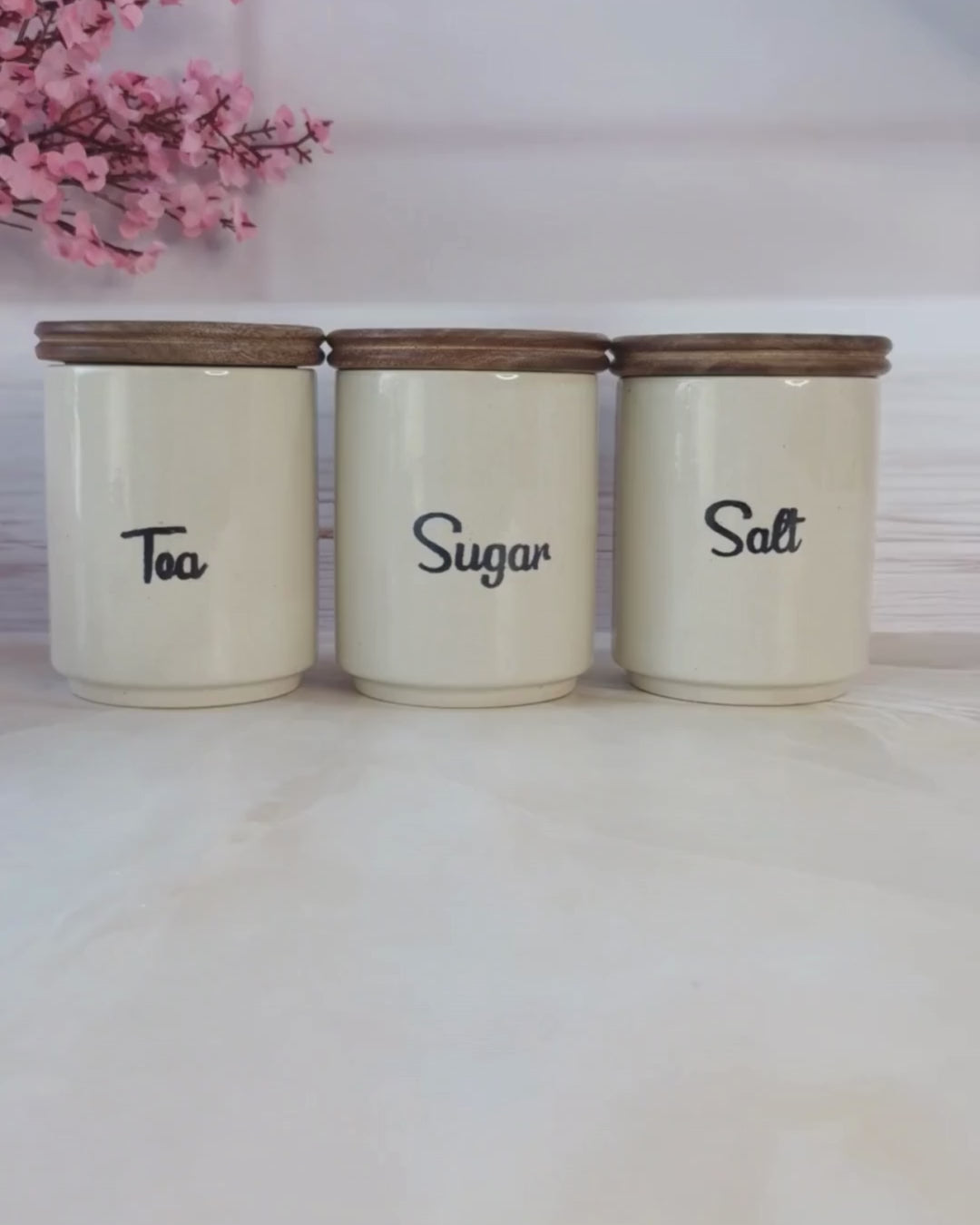 Ivory & Sweet Morning ceramic airtight Tea, sugar, and salt, jars wooden lid