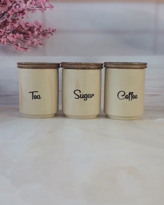 Sweet Kitchen ceramic airtight Chocolaty Tea, coffee, and sugar, jars wooden lid