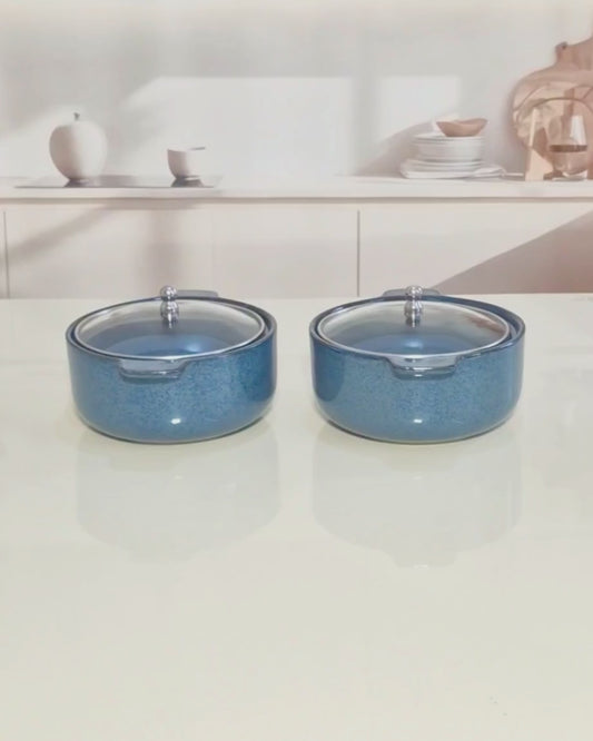 Ocean Blue Speckled Ceramic Serving Bowl with Clear Glass Lid (800ml)