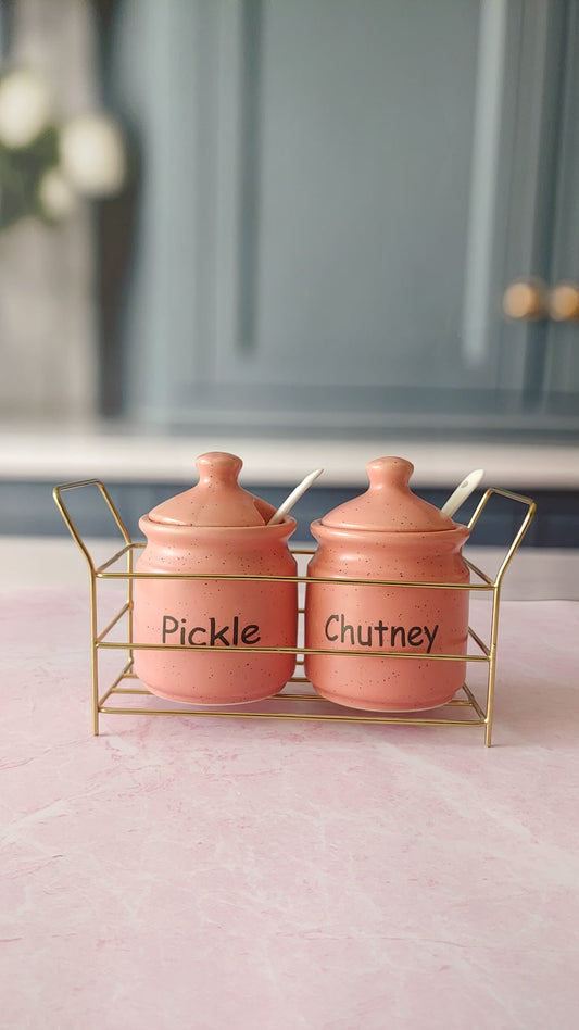 The Tasteful Twins Ceramic Kimchi Pickle and Chutney Jar with Metal stand